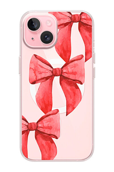 shoptocase iPhone 15/14/13 Uyumlu Kurdele Desenli MagSafe Şeffaf Silikon Tele...