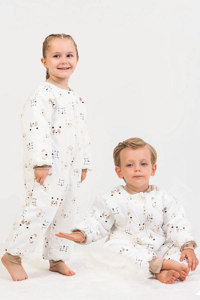 Mika Bebek & Çocuk Beige Piping Fiber Filled 2.5 Tog Children's Sleeping Bag with Teddy Bear Pattern