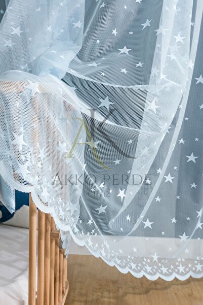 Karesi Büyük Yıldızlı Mavi Pilesiz Ekstraforlu Düz Dikim Tül Perde