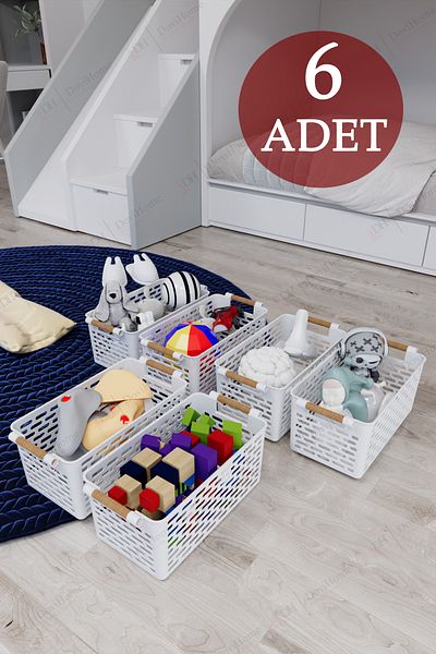 DOVİHOME 6 Pieces Wooden Handle Appearance White Color Plastic Kitchen |   Bathroom |   Item Organizer Basket Organizer Set