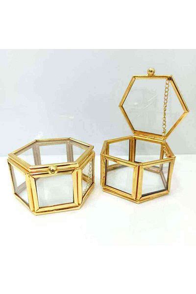 RetroLazer Metal Hexagonal Glass Box Ring Box 7x7x5 Gold 1 Piece