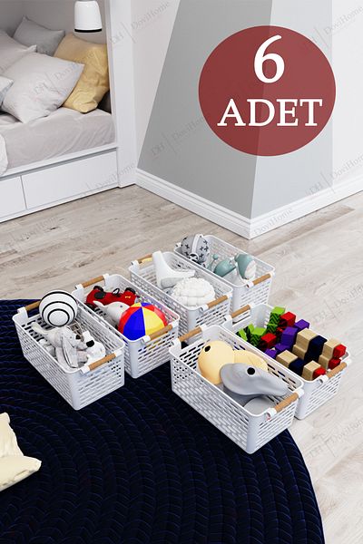 DOVİHOME 6 Pieces Wooden Handle Appearance White Color Plastic Kitchen |   Bathroom |   Item Organizer Basket Organizer Set