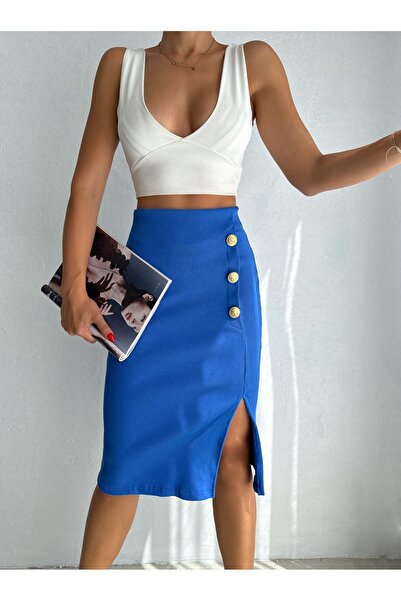 YUSUF CAN KARATAŞ KARATAŞ GİYİM Saxs Colorful Women's Midi Skirt - Button Detailed, Ribbed Camisole, Slit Seasonal