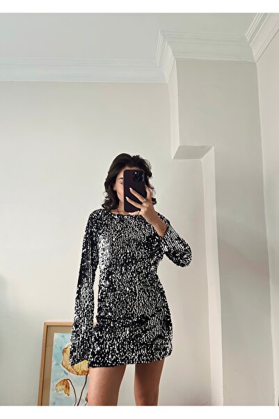 SANX Kadın Siyah Pul Payet Sırt Dekolteli Elbise Mini Uzun Kollu Parti Davet Abiye Mezuniyet Elbisesi