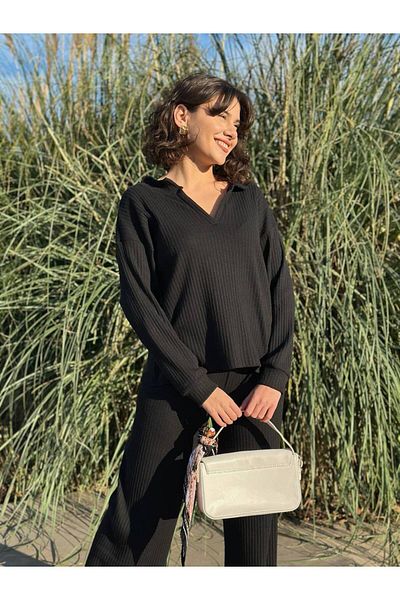 PÖRPIL Women's Ribbed V Neck Spanish Leg Knitwear Set Bottom Top