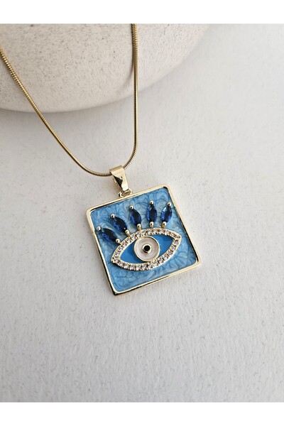 PAMES قلادة من الفولاذ بحجر أزرق بتفاصيل عين مربعة