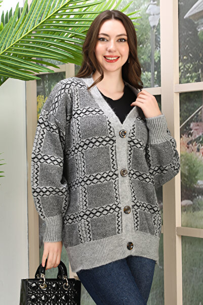 Kayaka triko Oversize Soft Heart Patterned Knitted Detail Buttoned Strickery ...