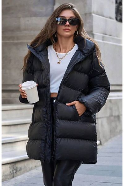 maf collection Palton negru oversize cu glugă pentru femei