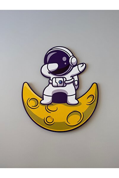 UViolets Dekoratif Ahşap Baskılı Ay Üstünden Ayakta Duran Astronot Çocuk Odası Gece Lambası 31*35