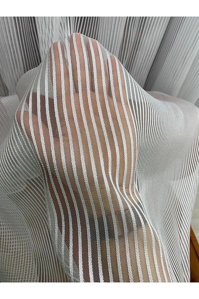 İNCİLİFE Ecru Colored Petran Tulle Curtain - Silver Glitter Stripes 1/2.5 Normal Medium Pleated