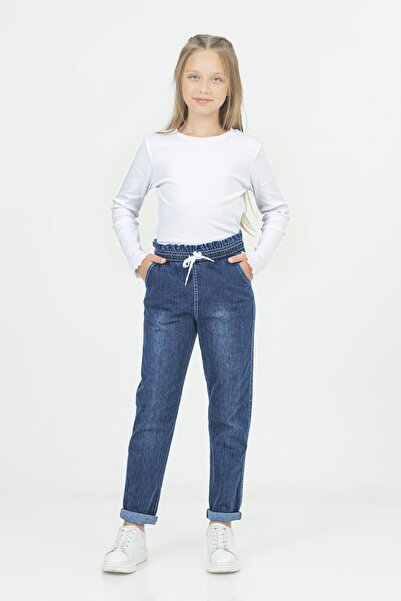 DMB BOYS & GIRLS Pamuklu Beli Lastikli Dar Paça Jean Kız Çocuk Kot Pantolon