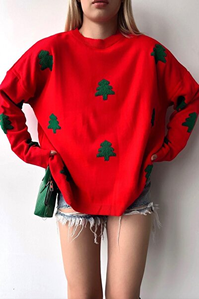 Hazinedan Pulover de damă, negru, cu decolteu rotund, cu tematică de Anul Nou, cu figuri de pin în relief