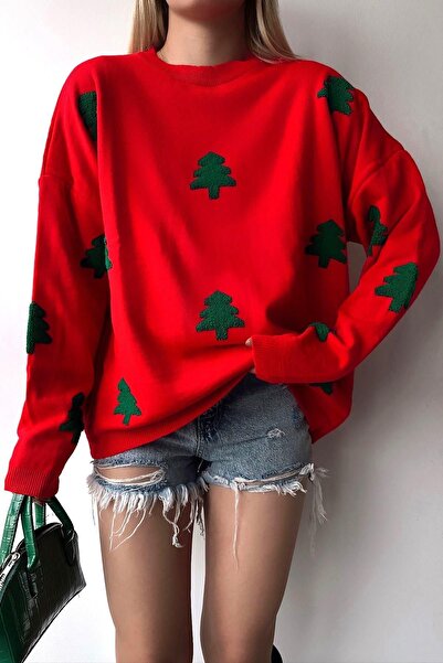 Hazinedan Pulover de damă, negru, cu decolteu rotund, cu tematică de Anul Nou, cu figuri de pin în relief