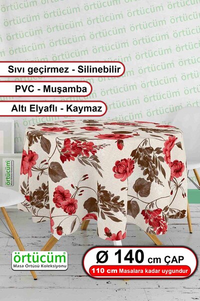 Örtücüm Yuvarlak Pvc Muşamba Astarlı Masa Örtüsü Kırmızı Çiçek Desenli Siline...