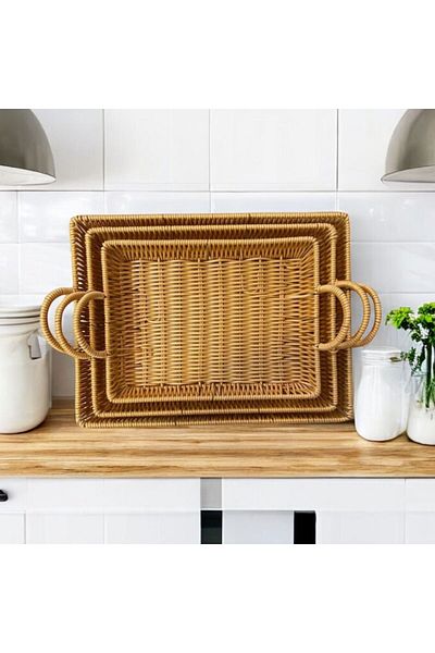 Enyaza Home 3-Piece Knitted Rattan Tray with Handle Rattan Rectangular Presentation Serving Tray, Tea Coffee Presentation Tray