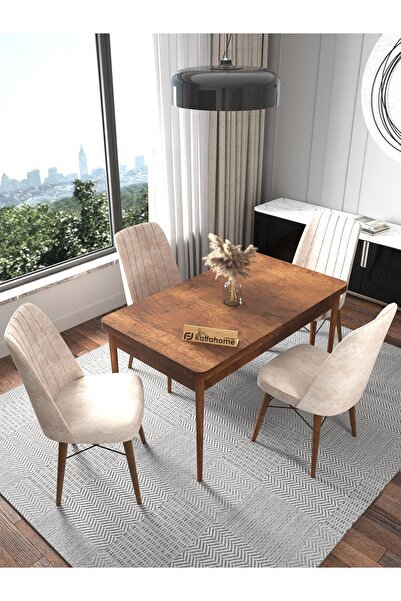 Kaffahome Riff 70x110 Barok 4 Kişilik Sabit Masa Sandalye Takımı Mutfak Masas...