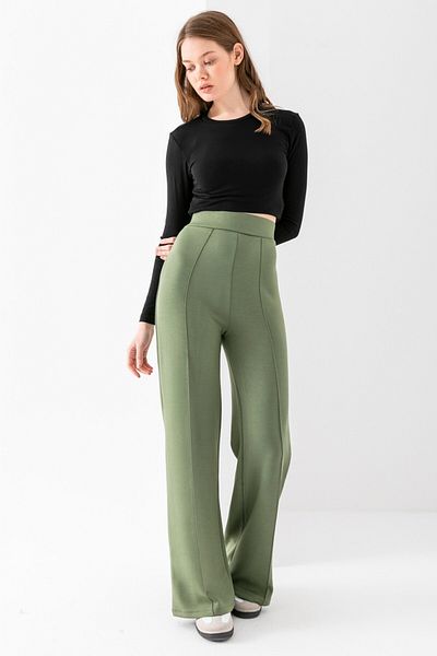LEBRA Jambiere pantaloni kaki pentru femei - talie înaltă, design frontal cu nervuri, potrivire lată și țesătură modal de ridicare