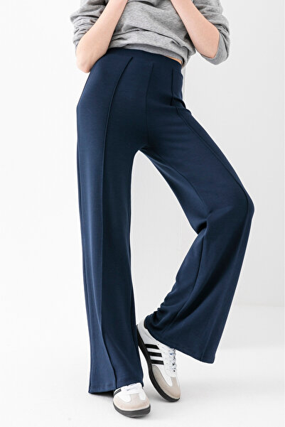 LEBRA Női sötétkék elöl bordázott, széles szabású, bő, széles szárú modális szövet magas derekú nadrág leggings