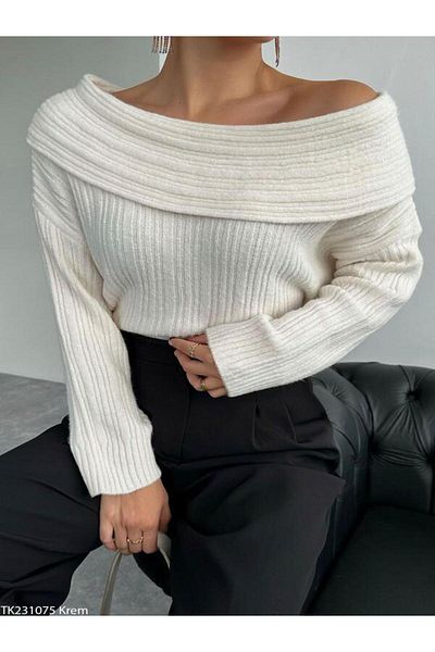 Qu Style Degaje Collar Ribbed Sweater