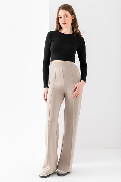 RuyaMood Pantaloni din țesătură modal cu nervuri de culoare piatră, cu talie înaltă, jambiere - potrivire lată și picior largi
