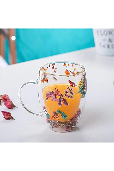 Sensoria Borosilikat Kulplu Lüks Bardak Kuru Çiçek Yapraklı Çay Kahve Kupası Kupa Bardak Çay Fincanı 3 Adet