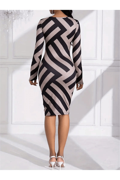 Moda Monisa Black Block Crew Tight Dress |   Stylish Long Sleeve Dress for Spring and Autumn
