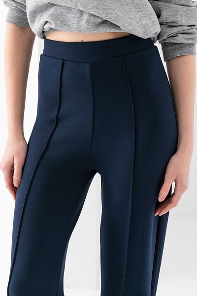 LEBRA Pantaloni de damă, albastru bleumarin, cu nervuri în față, cu potrivire largă, cu picior largi, din țesătură modal, cu talie înaltă, cu strângere, jambiere
