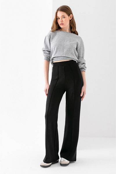 LEBRA Pantaloni de damă, negri, cu nervuri în față, cu potrivire largă, cu picior largi, din țesătură modal, cu talie înaltă, cu strângere, jambiere