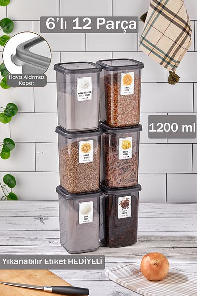Home Emilia 6-Piece 12-Piece Labeled Covered Square Food Storage Container Anthracite 6 X 1.2 Lt Pulses Container