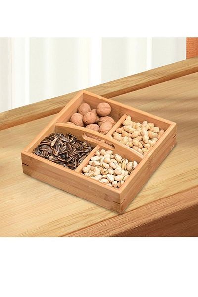 Enyaza Home Bamboo 4 Compartment Snack Bowl Nuts Holder Multi-Purpose Organizer Box