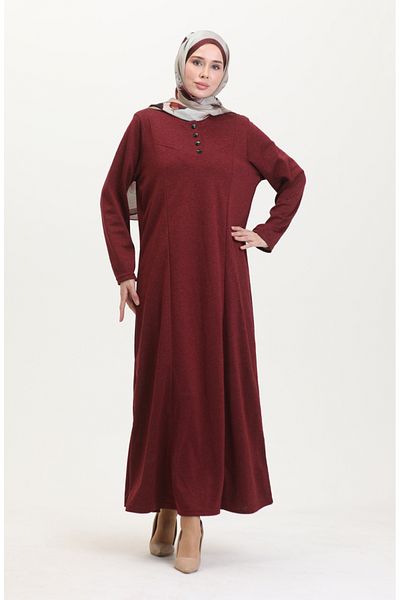sefamerve Plus Size Kleid mit Knopfleiste 0532-03 Burgunderrot