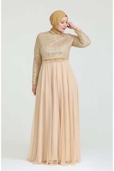sefamerve Βραδινό φόρεμα με παγιέτες σε χρυσό Plus Size - 80114-01