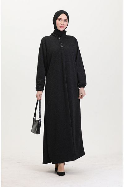 sefamerve Kleid mit Knöpfen und elastischen Ärmeln 0546-02 Schwarz