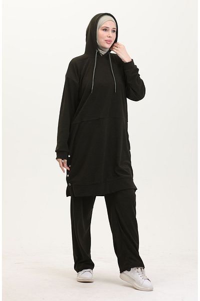 sefamerve Khakigrünes Astana-Stoff-Tunika- und Hosen-Set mit Kapuze – 0553-02