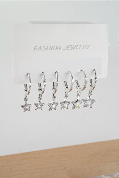 By Zeyna Aksesuar Kadın Zirkon Taşlı Sallantılı Yıldız Figürlü Klipsli 6'lı Küpe Seti
