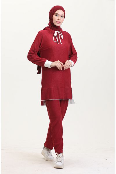sefamerve Burgunderfarbenes Tunika- und Hosen-Doppelset – halbhoher Bund 0548-03
