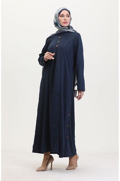sefamerve Λεπτομερές φόρεμα με κουμπιά Plus Size 0533-05 Navy Blue