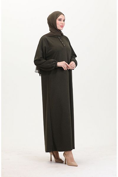 sefamerve Khakifarbenes Kleid mit elastischen Ärmeln und Knöpfen – 0546-01