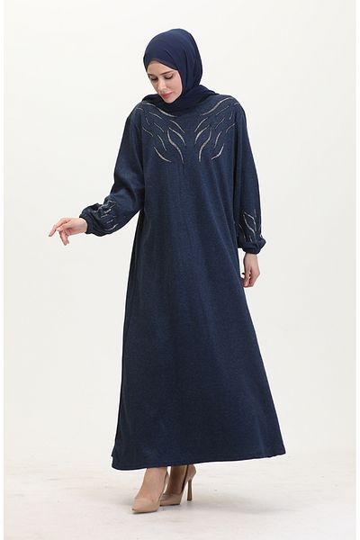 sefamerve Strasskleid mit elastischen Ärmeln 0547-03 Marineblau