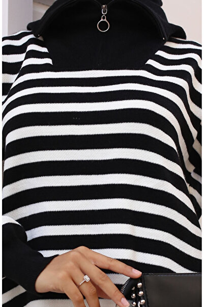 sefamerve Black Striped Zippered Knitwear Set - 11029-03