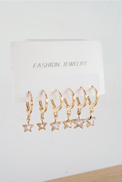 By Zeyna Aksesuar Kadın Zirkon Taşlı Sallantılı Yıldız Figürlü Klipsli 6'lı Küpe Seti