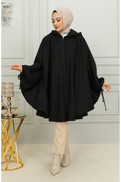 sefamerve Schwarzer Kaschmir-Poncho mit Kapuze – 0505-01