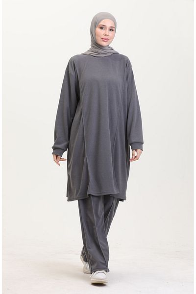 sefamerve Gray Astana Fabric Tunic and Trousers Double Set - 0551-05