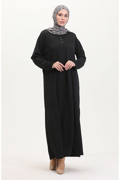 sefamerve Λεπτομερές φόρεμα με κουμπιά Plus Size 0532-01 Μαύρο