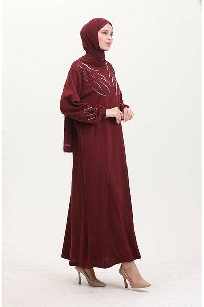 sefamerve Strasskleid mit elastischen Ärmeln 0547-01 Weinrot