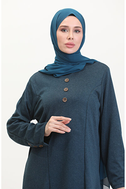 sefamerve Λεπτομερές φόρεμα με κουμπιά Plus Size 0533-06 Petrol