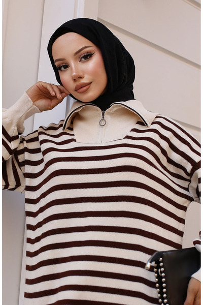 sefamerve Beige Colored Collar Zippered Striped Knitwear Set - 11029-07