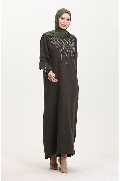 sefamerve Ecrin-Kleid mit Steindruck in Khaki – 0550-03