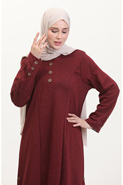 sefamerve Plus Size Button Detail Dress 0533-07 Burgundy