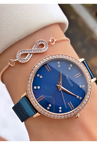 Ferrucci ساعة يد نسائية بسلك فولاذي باللون الأزرق الداكن - هدية سوار